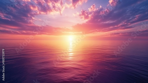 A stunning sunset over the ocean, with the sun setting below the horizon, casting a warm glow over the water and clouds.