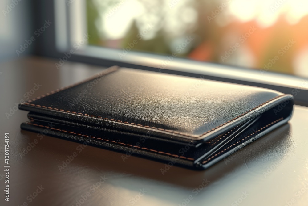 Black Leather Wallet on Table - Minimalist Design Black Leather Wallet on Table - Minimalist Design