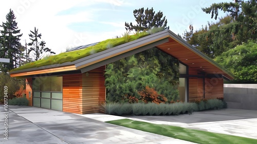 Sustainable garage structure incorporating eco-friendly materials, including a green roof, energy-efficient design, and solar energy features