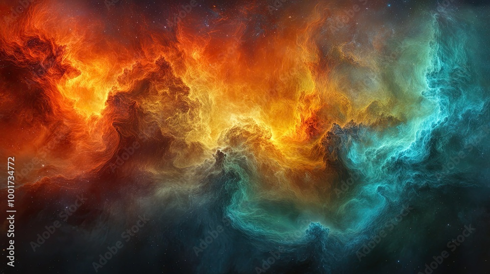 A swirling nebula in space with vibrant red, orange, and blue hues.