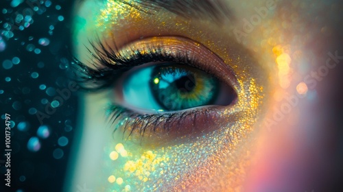 Close-up of a colorful eye with glitter makeup