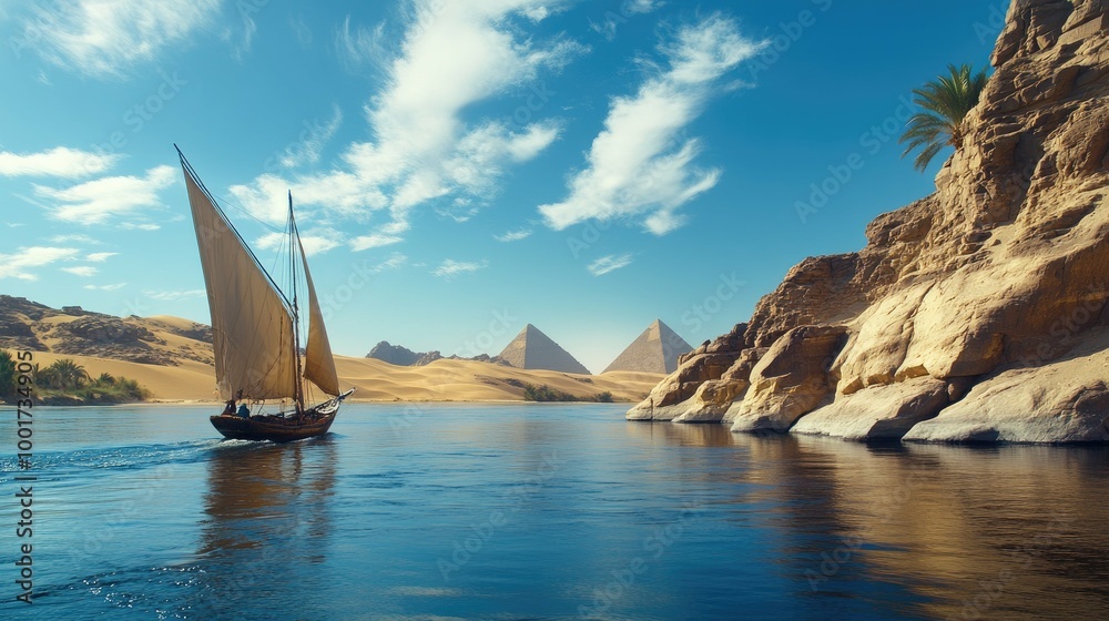 Obraz premium A traditional sailboat sails past the Great Pyramids of Giza, Egypt. The boat is on the calm waters of the Nile River with a palm tree and rocky cliffs in the foreground.