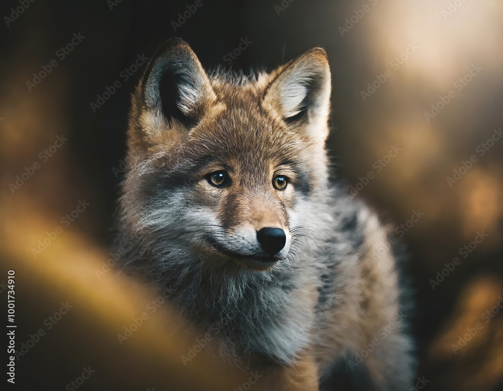 Baby wolf is standing in the woods. It has a white face and a brown body. Lupus lupus. Professional wildlife photography portrait