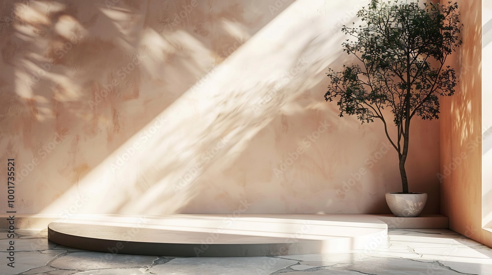 Minimalist studio with a light peach wall soft sunlight streaming in casting shadows of trees across a smooth stone floor neutral platform creating a perfect aesthetic product display Minimalist studio with a light peach wall soft sunlight streaming in casting shadows of trees across a smooth stone floor neutral platform creating a perfect aesthetic product display