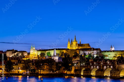 Prague, Czech Republic - July 16, 2024: Nighttime views of the Charles Bridge, Prague Castle and surrounding streets in Prague in the Czech Republic 