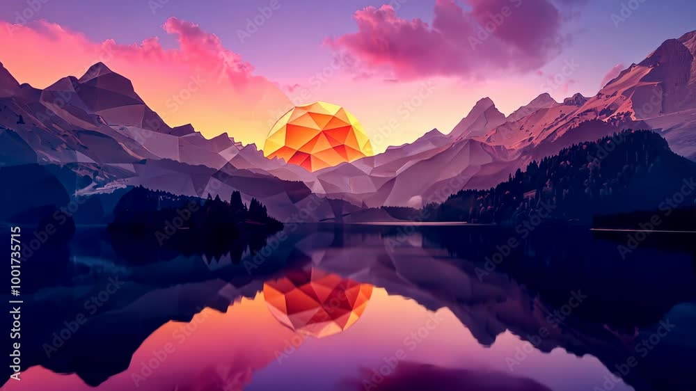A stunning sunset over a mountain lake, with the sun reflecting in the still water A stunning sunset over a mountain lake, with the sun reflecting in the still water