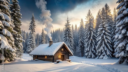 A cozy cabin nestled in a snow-covered forest during winter. Generative AI