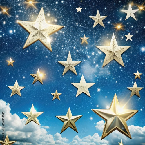 Golden stars twinkling against a bright blue sky with fluffy clouds at dusk. Generative AI