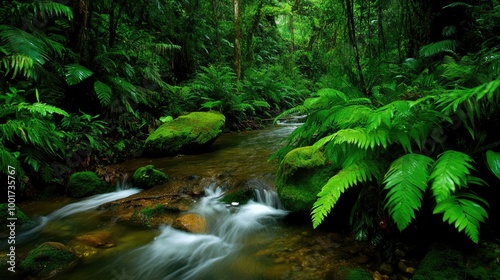 A tranquil stream meanders through a lush, green rainforest, surrounded by vibrant ferns and moss-covered rocks. The water flows gently, creating a sense of peace and serenity.
