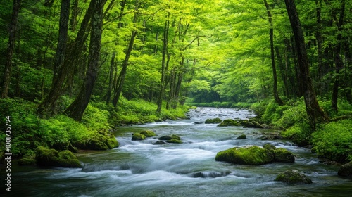 A tranquil stream winds through a lush green forest, sunlight dappling the water.