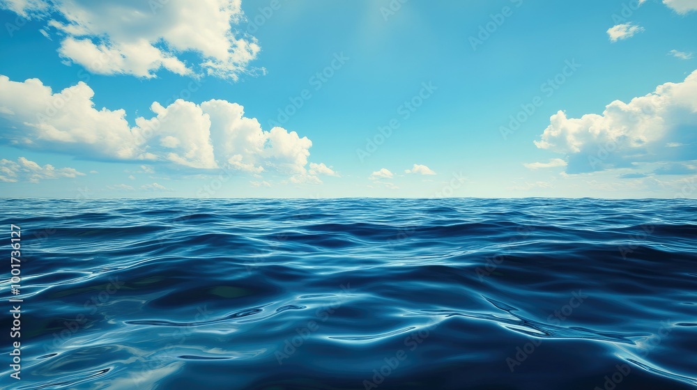 Obraz premium A vast expanse of blue ocean under a bright sky with puffy white clouds.