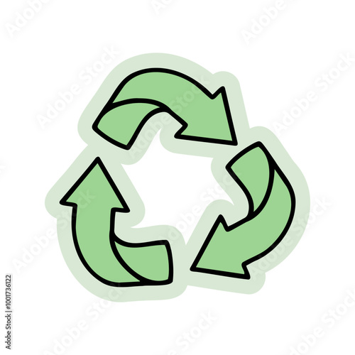 Hand-drawn recycling symbol with triangular arrows. Creative sticker symbolizing sustainability, eco-friendliness, and environmental responsibility. Vector illustration for green designs and recycling