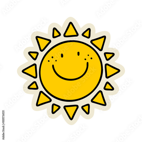 Hand-drawn sun illustration. Creative sticker symbolizing warmth, energy, and positivity. Vector illustration for summer designs, nature themes, and cheerful vibes