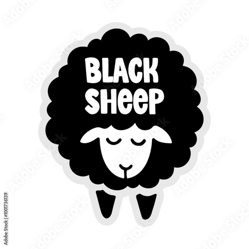 Hand-drawn black sheep illustration. Creative sticker symbolizing uniqueness, individuality, and standing out. Vector illustration for quirky designs, self-expression, and creativity.