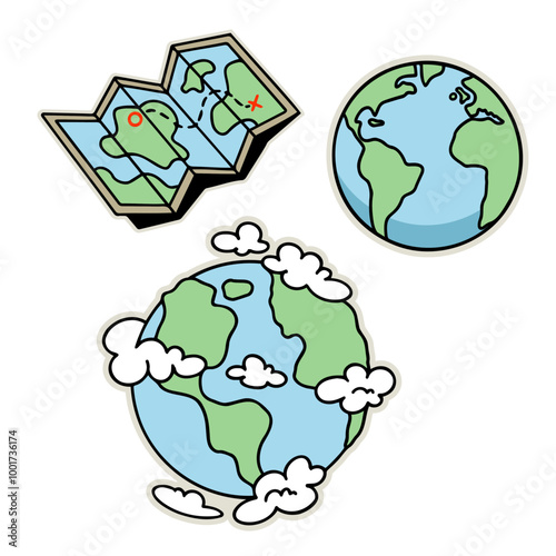 Hand-drawn sticker set with Earth and map illustrations. Creative stickers symbolizing travel, exploration, and geography. Vector illustrations for adventurers, explorers, and nature lovers. photo