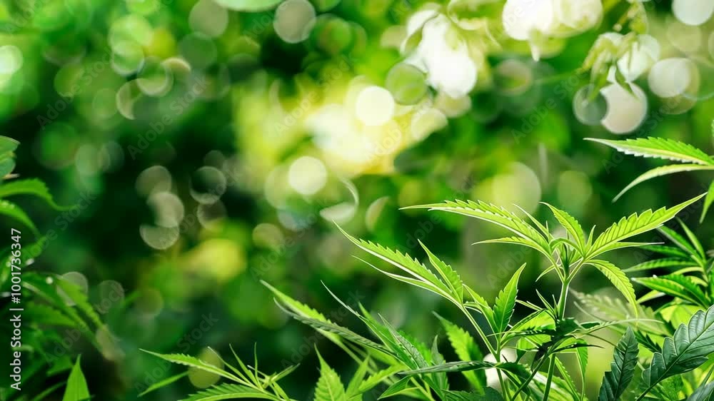 Green cannabis leaves grow in a sunny garden Green cannabis leaves grow in a sunny garden