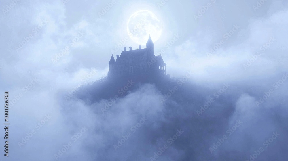 Fototapeta premium Eerie Haunted House on Hill in Moonlight - Ray Tracing Artwork of Spooky Manor with Foggy Surroundings