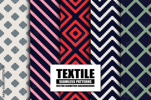 Collection of color textile seamless patterns - geometric striped design. Vector repeatable cloth backgrounds. Modern endless fabric textures. Tartan plaid prints