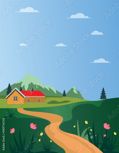Village landscape illustration of summer countryside nature view: sky, mountains, cozy village houses, cows, fields and meadows.