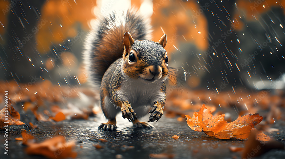 Wide-Angle Photography of Squirrel in Rainy Autumn Streets Wide-Angle Photography of Squirrel in Rainy Autumn Streets