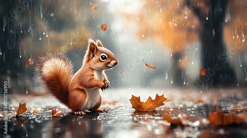 Vintage Storybook Squirrel Walking in Rainy Autumn