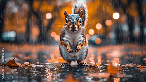 Wide-Angle Photography of Squirrel in Rainy Autumn Streets