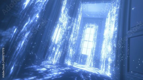 Haunted Mansion at Night - Eerie Ray Tracing Artwork of Ghostly Silhouettes and Flickering Lights in Spooky Old House