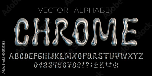 3D vector chrome alphabet. Metal silver letter and number set