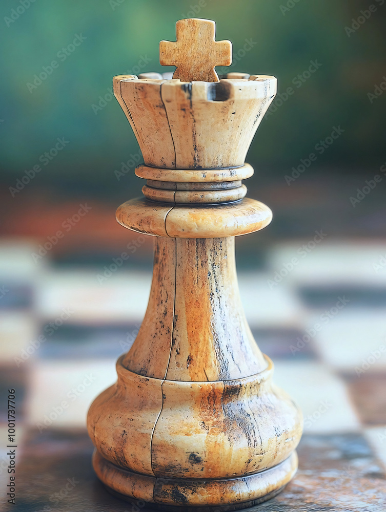 A close-up of a rustic, weathered wooden king chess piece standing on a chessboard, with a blurred background that highlights the detailed texture and craftsmanship of the piece A close-up of a rustic, weathered wooden king chess piece standing on a chessboard, with a blurred background that highlights the detailed texture and craftsmanship of the piece