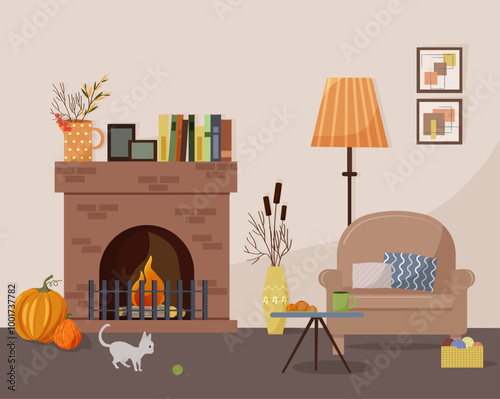 Living room interior with armchair and fireplace. Floor lamp and coffee table. Pumpkin decor by the fireplace. Jug with herbarium. Cat playing with a ball of yarn. Basket with knitting. Vector