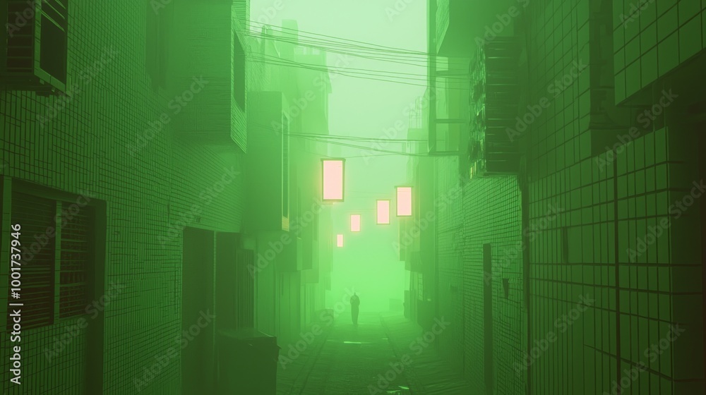 Haunting Ray Tracing Image of Dark Alley with Eerie Figures in Flickering Streetlights Haunting Ray Tracing Image of Dark Alley with Eerie Figures in Flickering Streetlights