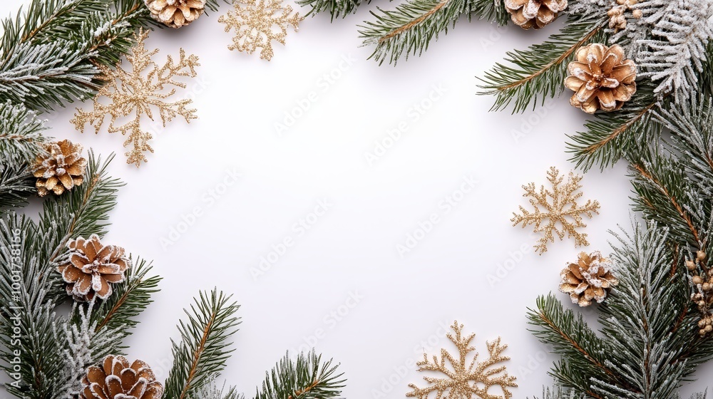 Top-view of a wreath made from pine branches and snowflake decorations, centered on an isolated background, space for text. Top-view of a wreath made from pine branches and snowflake decorations, centered on an isolated background, space for text.