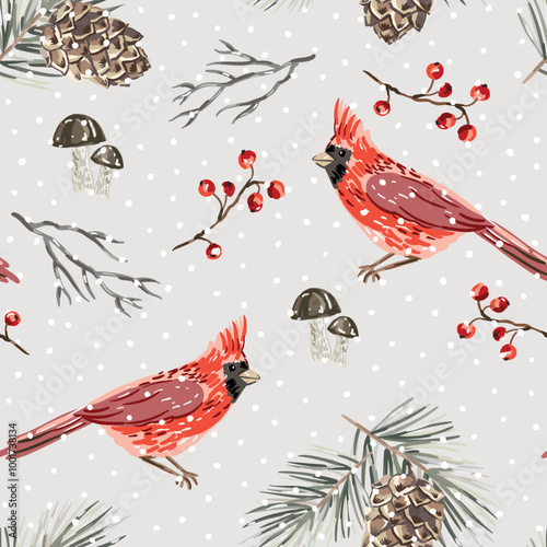 Christmas seamless pattern, cadinal birds, pine twigs, cones, red berries, mushrooms, snow, beige background. Vector illustration. Nature design. Season greeting. Winter holidays photo