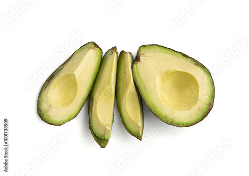 Hass Avocado Half Isolated, Whole Sharwil Set, Brown Avocados Slice, Fresh Alligator Pear, Persea Americana photo