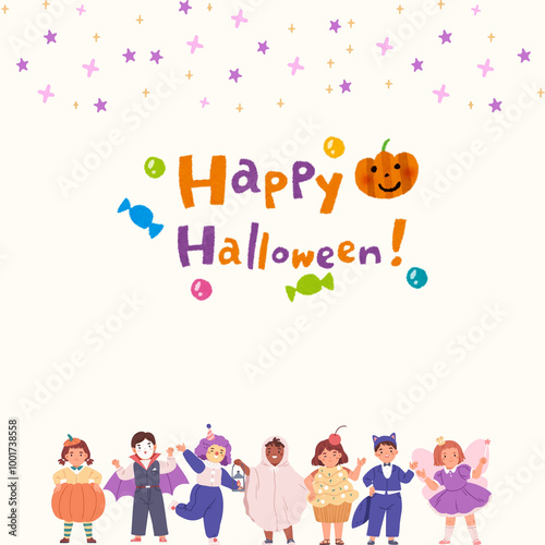 Happy Halloween Greeting Card with children in costumes