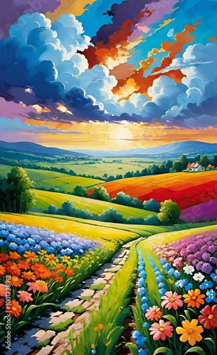 landscape with a field of flowers photo