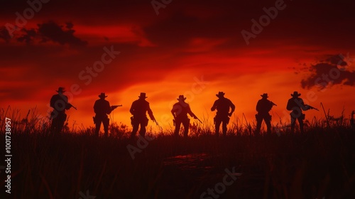 In the midst of a fiery red sunset, silhouetted cowboys walk into each other