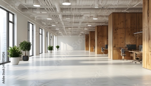 Minimalist design of an empty office hall with wooden accents and a bright white ambiance photo