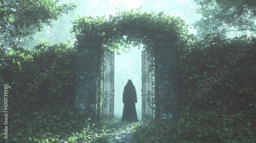 Ghostly Guardian at Haunted Gate - Ethereal Ray Tracing Artwork of Spooky Figure Amid Ancient Stone Walls and Vines photo