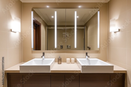 Stylish Modern Bathroom with Twin Vanities in Elegant Beige Setting