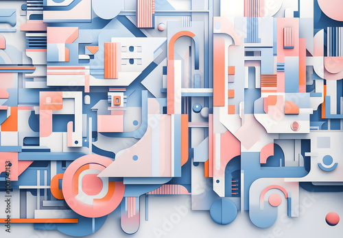 Abstract Geometric Design with Overlapping Rectangles in Soft Pastel and Bold Tones