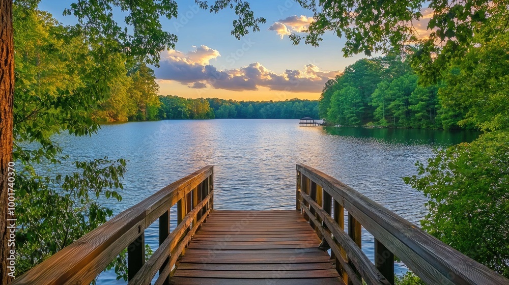 A wooden dock extends out over a calm lake with green trees and a beautiful sunset in the background. A wooden dock extends out over a calm lake with green trees and a beautiful sunset in the background.