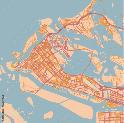 Map of Abu Dhabi in United Arab Emirates in a sandy theme. Contains layered vector with roads water, parks, etc.