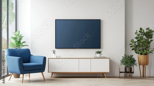 Sleek Living Room Interior with Television Stand, Blue Armchair, and Green Plant on White Wall Background