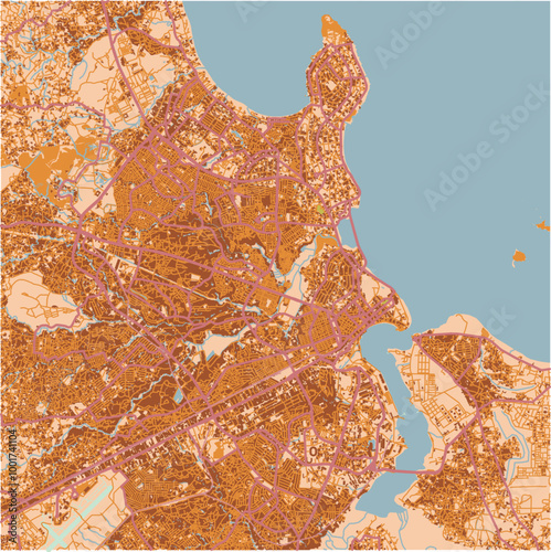 Map of Dar es Salaam in Tanzania in a sandy theme. Contains layered vector with roads water, parks, etc.