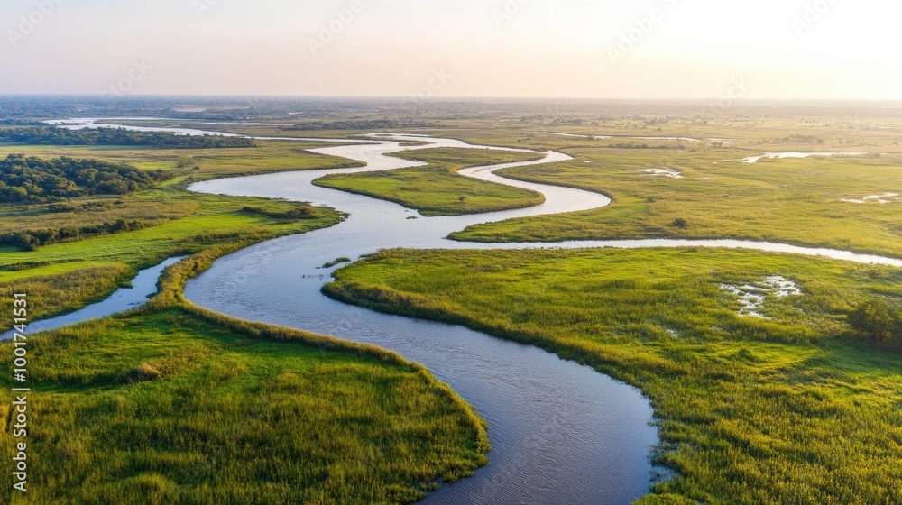 Aerial view of a meandering river flowing through a lush green landscape. Aerial view of a meandering river flowing through a lush green landscape.