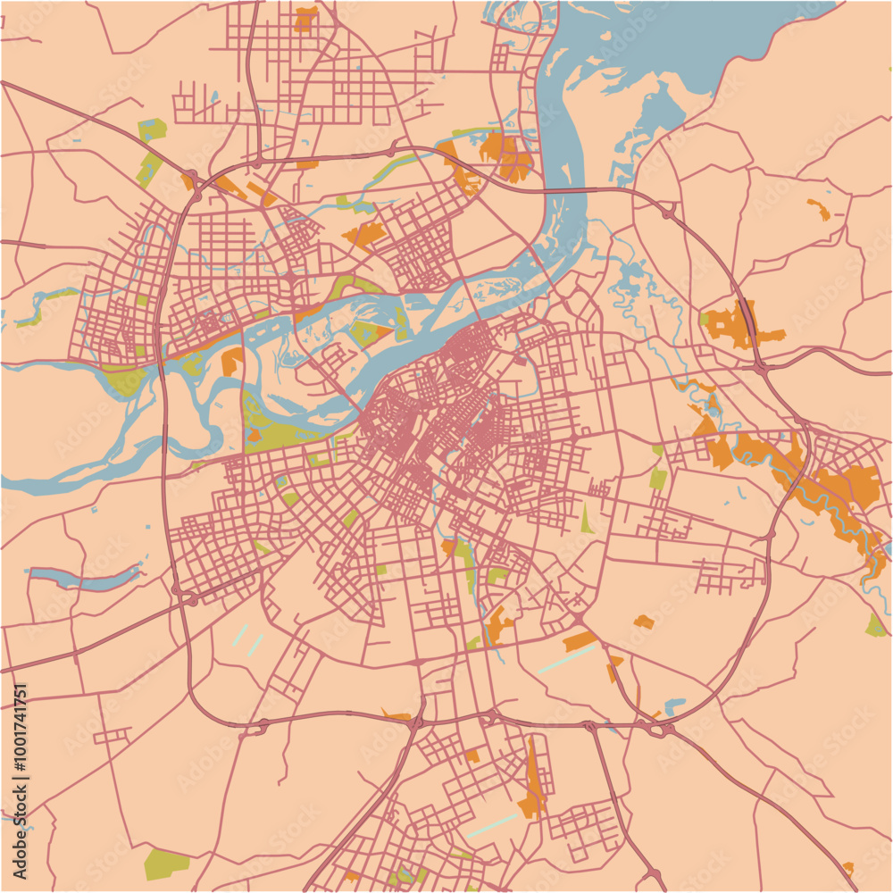 Map of Harbin in China in a sandy theme. Contains layered vector with roads water, parks, etc. Map of Harbin in China in a sandy theme. Contains layered vector with roads water, parks, etc.