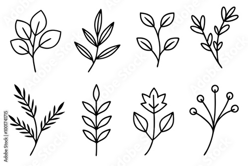 Floral branch and minimalist leaves for logo or tattoo. Hand drawn line wedding herb, elegant wildflowers. Minimal line art drawing for print, cover or wallpaper