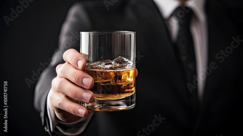 Businessman in black suit holding glass of whiskey Celebrate company success close-up with generaative ai