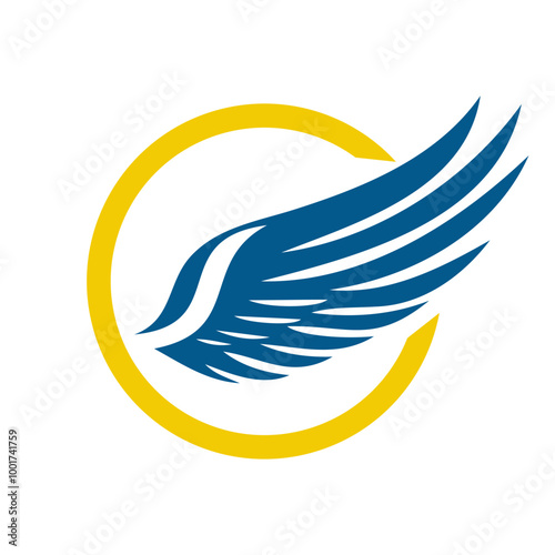 A dynamic wing symbol with a yellow circle representing speed and freedom, suitable for various design applications